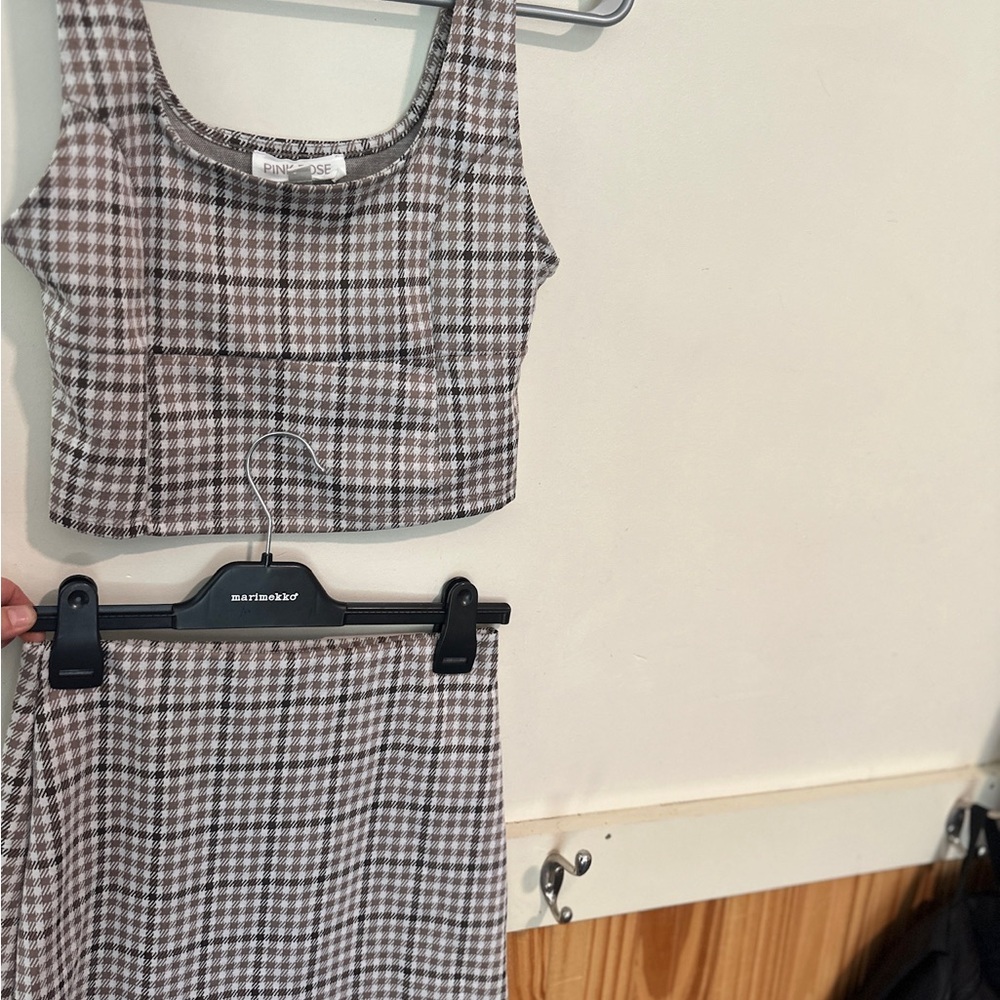 Pink Rose Brown and White Checkered Dress